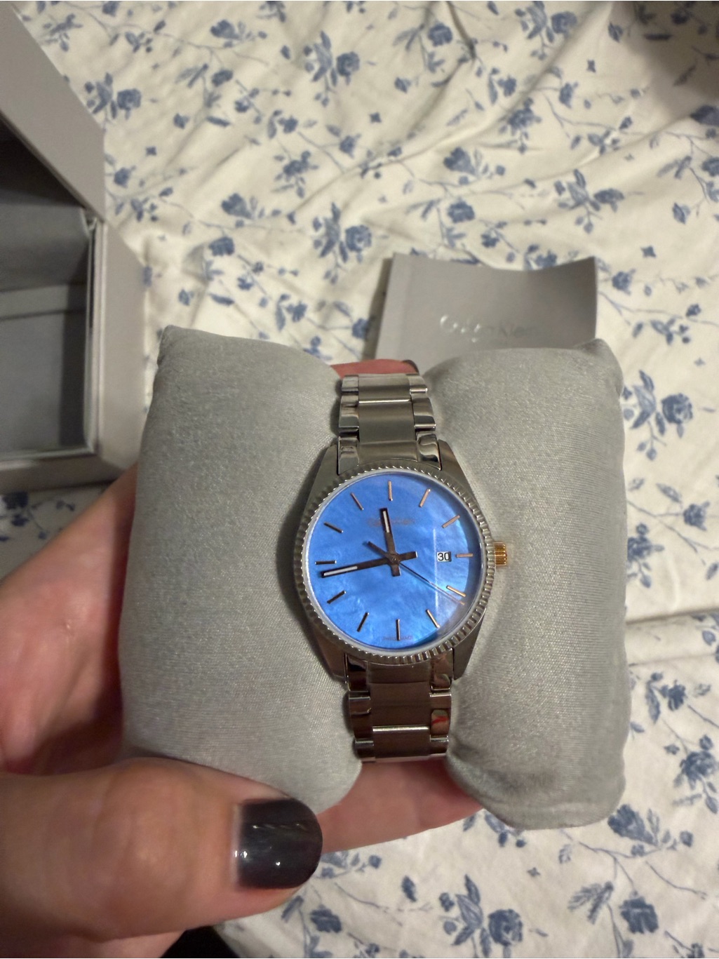 Calvin Klein Silver Stainless Steel Watch With Blue Dial
